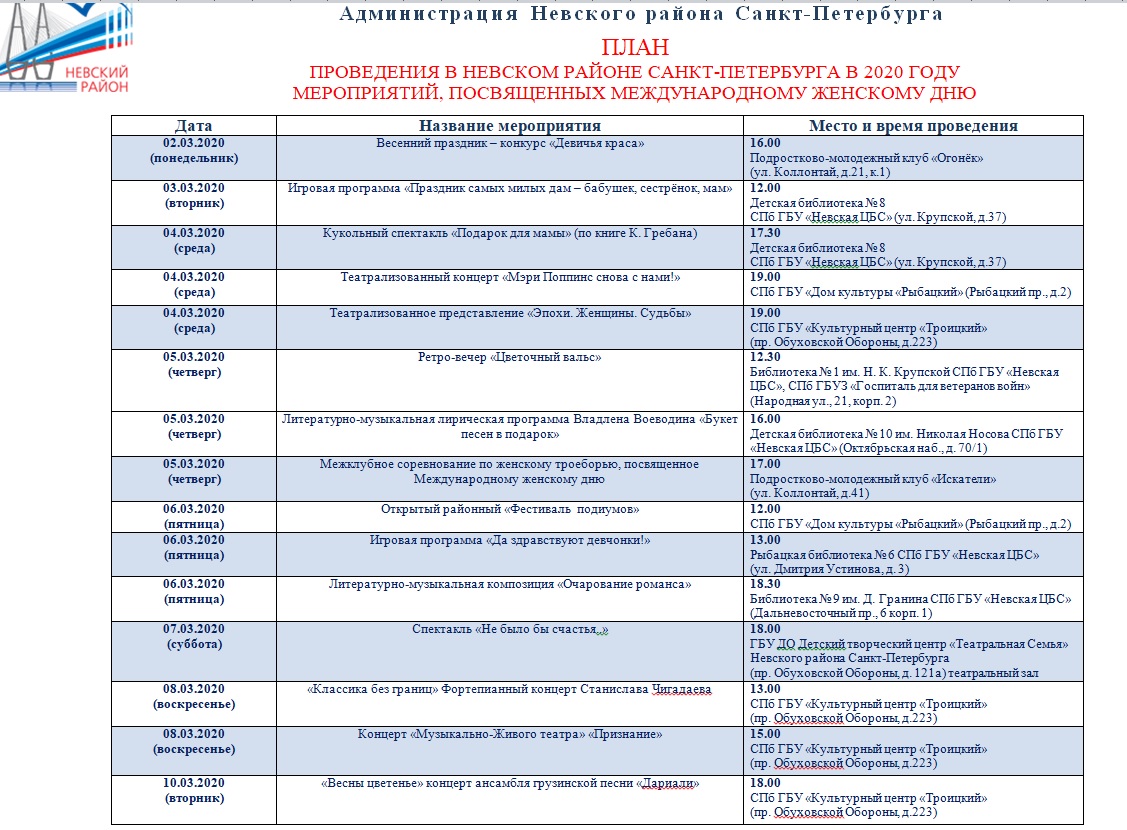 План мероприятий посвященных 8 марта